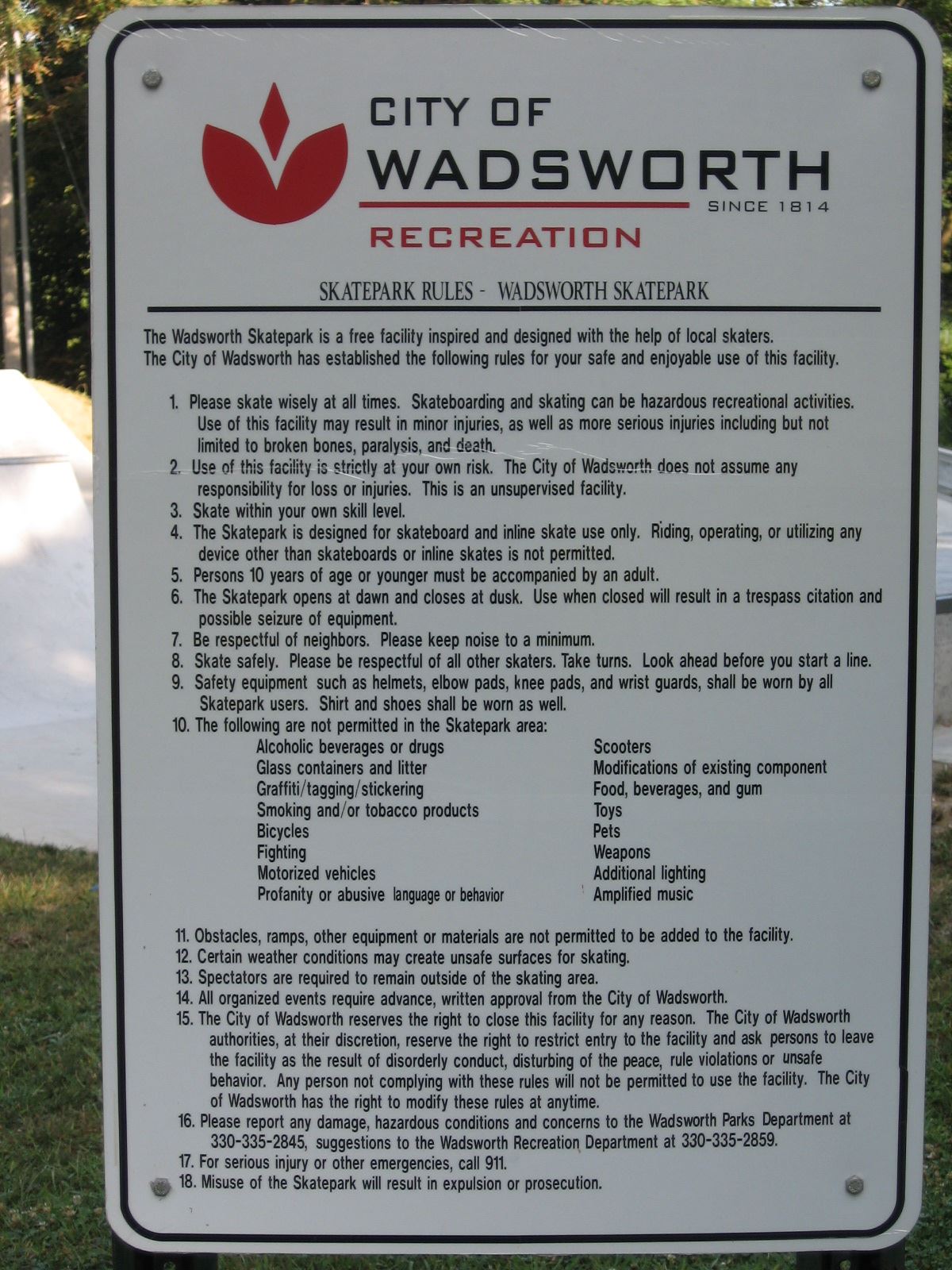 Valley View Park - Skatepark Rules